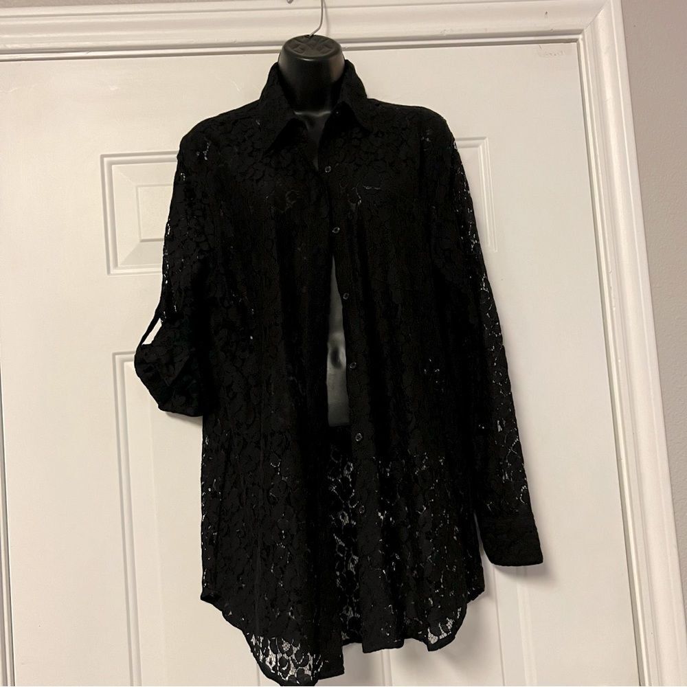 90s Calvin Klein Lace Sheer Black Button Down Tab Sleeve Oversized Tunic Shirt M